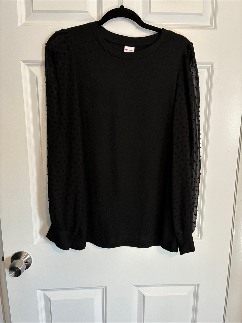 Without Walls Black Crewneck Top with Sheer Dot Sleeves